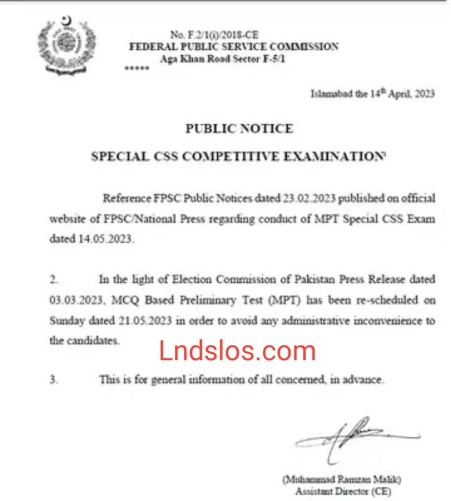 Public Notice FPSC Special CSS Completive Exams 2023