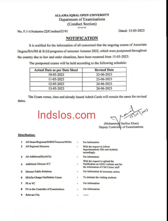 AIOU Revised Datesheet of Postponed papers 2023