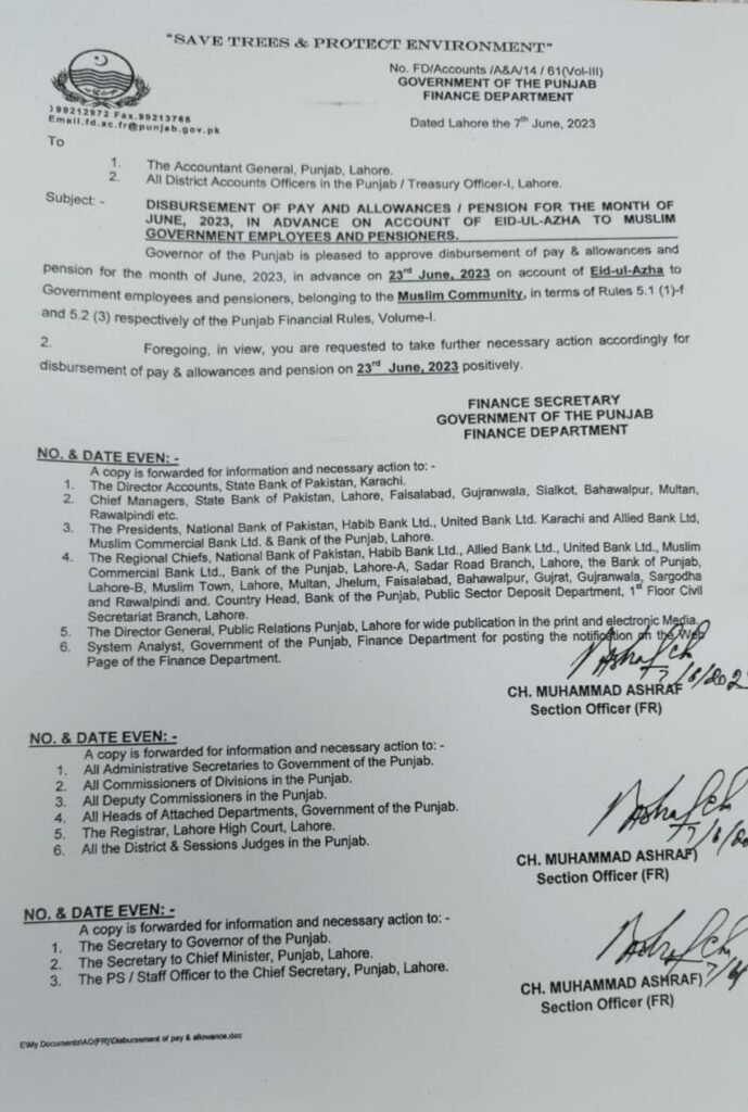 Government of Punjab Approves Disbursement of Pay and Allowances for June 2023 in Advance on Account of Eid-ul-Azha
