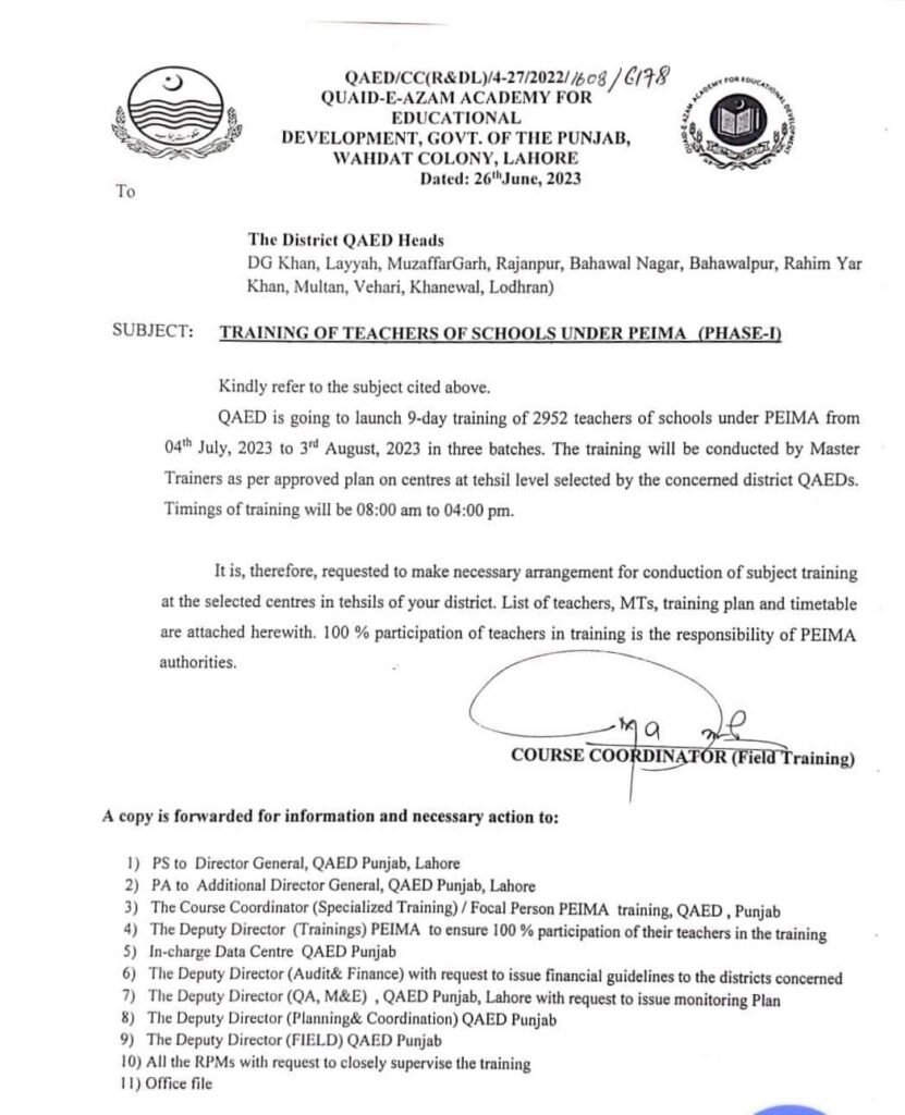 Financial Guidelines for 09-Days Training of PSTs in the Subjects of Math, Science and English