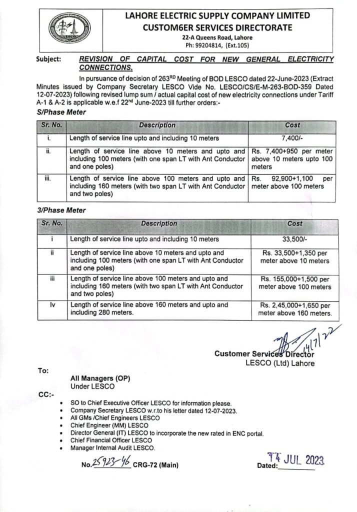 Lahore single and three phase meter price increased LESCO notification issued